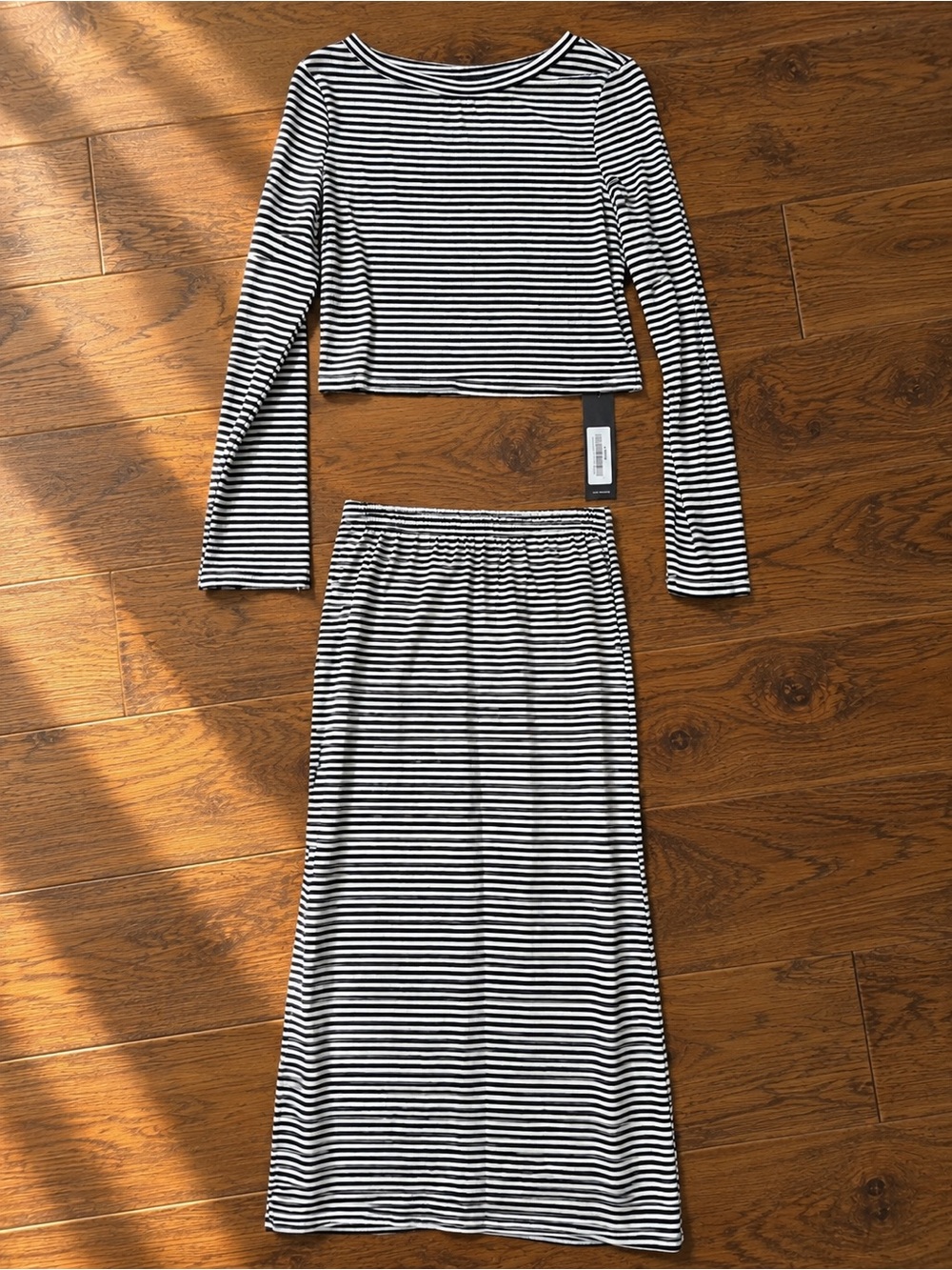 S•Deer Striped Long Sleeve Crop Top & Maxi Skirt Set - Black/White Sz L NWT